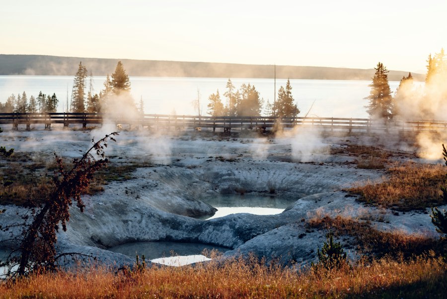 Steam rising from hot springs in winter