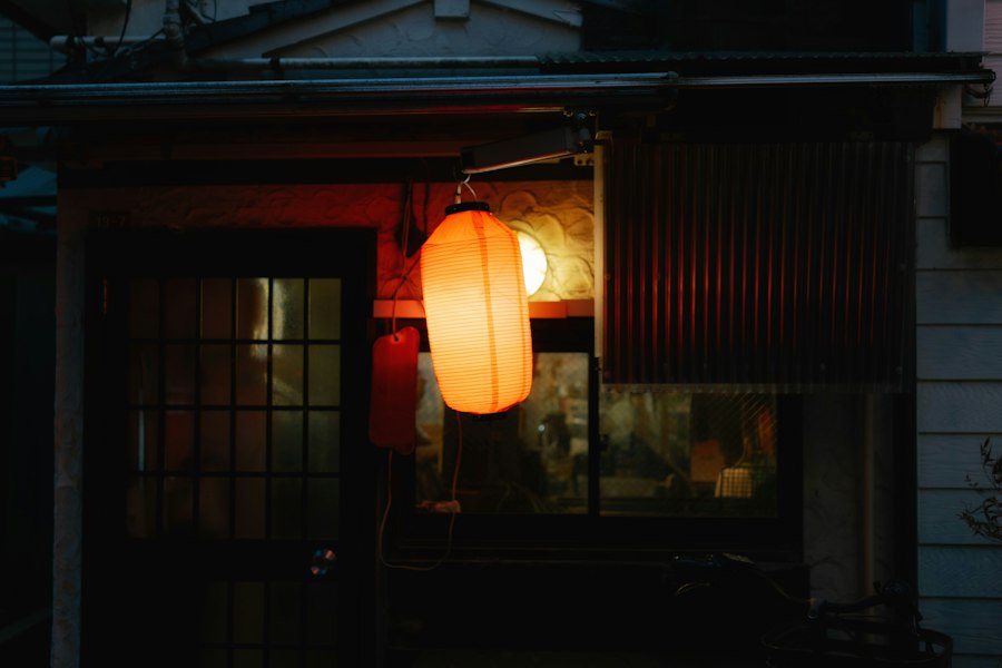 Paper lantern glowing at dusk